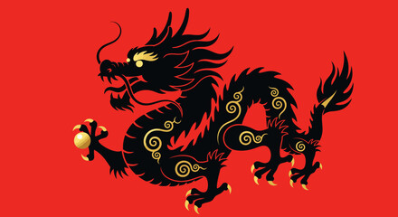 A majestic dragon illustration with golden accents on a red background depicted in a dynamic pose