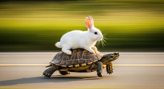 A white rabbit riding on the back of a turtle on a road