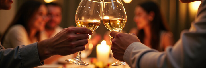 Romantic dinner with toast and glasses of white wine shared among friends at table candlelight ambiance, enjoying warm conversation and cherished moments.