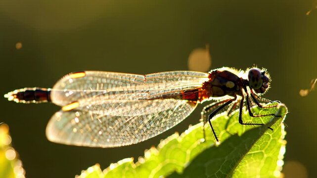 Extreme macro video of a translucent dragonfly wing on a dewy green leaf, golden hour backlighting, intricate venation, creamy bokeh. Concept of natural wonder and bio-innovation