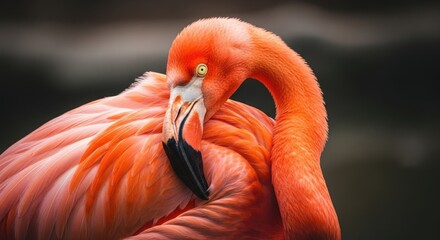 Flamingo preening its feathers in a serene moment