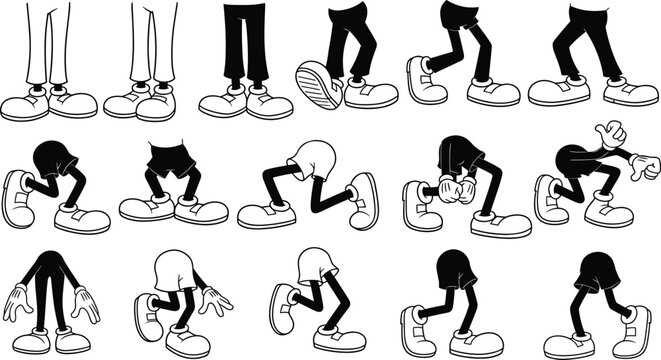 Vintage rubber hose cartoon legs set, retro 1930s mascot walking and running poses, hand drawn doodle character limbs, vector isolated graphic design elements.