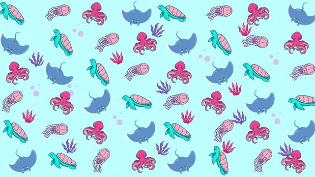 Pattern of octopuses stingrays turtles and seaweed suitable for underwaterthemed design projects, marine illustrations, childrens educational materials, and oceanrelated products.