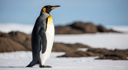 Fototapeta premium King penguin standing on ice with blurred background