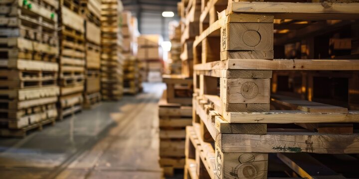 Wooden Pallets Stacked in Warehouse factory