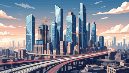 Fototapeta premium Futuristic cityscape with skyscrapers and highways at sunset