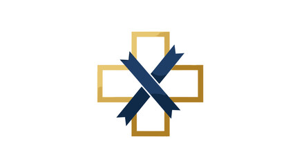 Obraz premium Cross symbol with intersecting blue ribbons and gold outline.