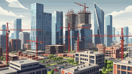 Naklejka premium Urban construction scene with skyscrapers and cranes under clouded sky
