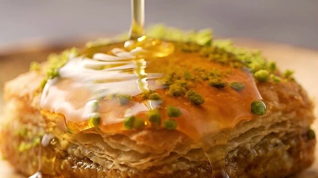 Close-Up of Honey Pouring Over Fresh Pistachio Baklava