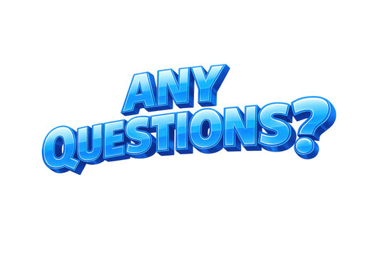 Blue glossy 3d text any questions? On transparent background for inquiry, faq, help, and support concepts
