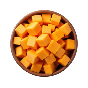 A top down view of diced butternut squash in a rustic bowl ideal for culinary designs on transparent background