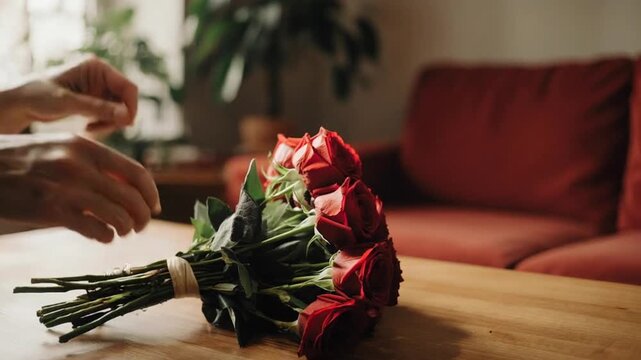 A person placing a bouquet of wilted red roses on a wooden coffee table in a living room with a red couch and plants in the background, conveying a sense of sadness or farewell