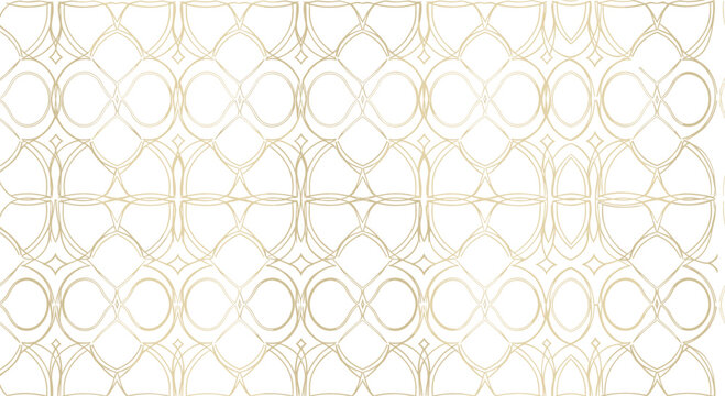 Elegant gold geometric seamless pattern with abstract luxury ornament curves and linear trellis design on white background, vector illustration