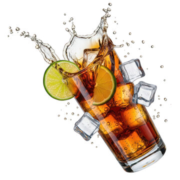 A refreshing cola beverage with ice and lime slices dramatically splashing from a glass on transparent background