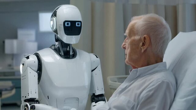 Elderly patient in hospital bed facing humanoid robot during medical monitoring
