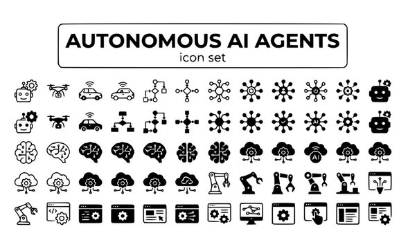 Autonomous AI Agents Intelligent Systems Self-Directed Automation Independent Machine Learning Decision-Making Technology Vector Icon Set - AI Autonomy