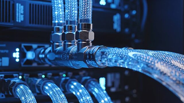 data loss prevention solutions concept. Cooling system with illuminated tubes in a server rack.