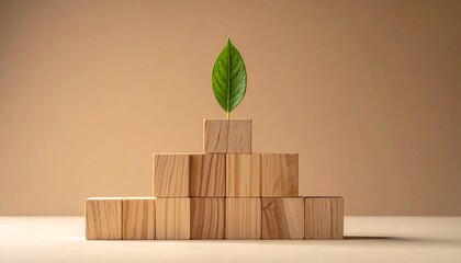 Sustainable Progress Steps With Leaf On Wooden Blocks