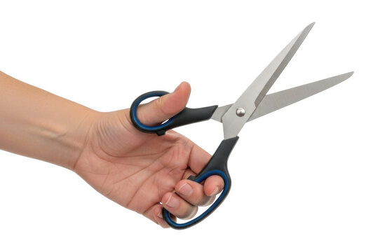 Person holding open sharp scissors with black and blue handles, detail shot of hand and tool, isolated on transparent background