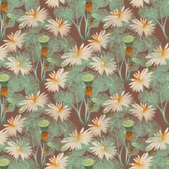 Seamless lotus floral pattern background with hand drawn flowers and leaves on a warm muted brown background. Suitable for wallpaper, textile design, fabric printing, interior backdrop, spa, hotel, an