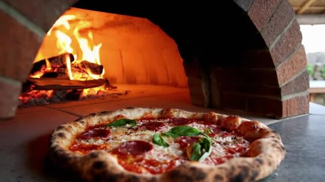 A delicious homemade pizza being removed from a brick oven with flames burning in the background, perfect for a restaurant or cooking advertisement