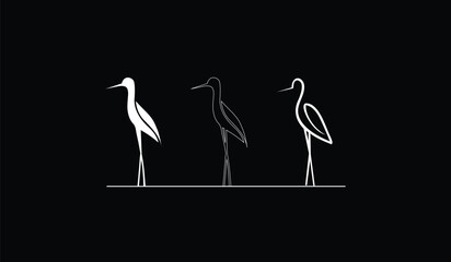 Fototapeta premium Elegant white and black line art illustrations of three wading birds standing on a thin horizon line against a black background.