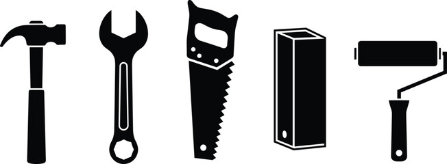 Set of black construction tool icons, hammer, wrench, saw and paint roller symbols for home improvement and repair work isolated on white