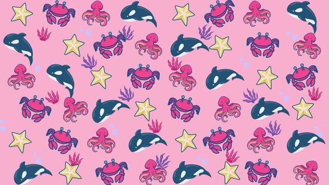 Pattern of orcas, octopuses, crabs, starfish, and seaweed, perfect for marinethemed designs, underwater illustrations, childrens books, educational materials.