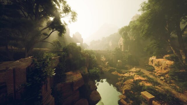 goldenhour jungle ruins with river, misty canyon sunlight filtering through dense canopy onto mosscovered stone terraces and winding creek, ancient temple