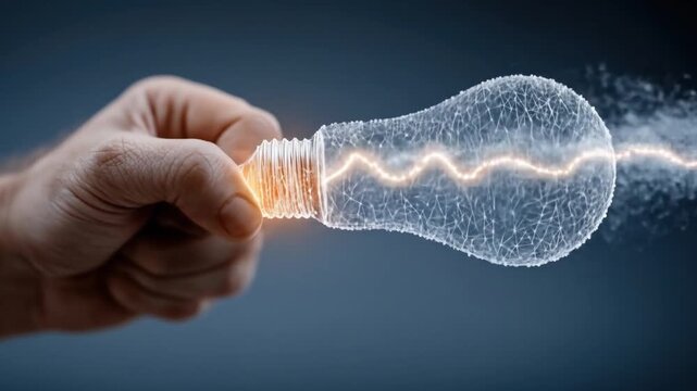 Hand holding a light bulb with electricity flowing through it