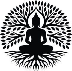 A serene vector illustration featuring the black silhouette of a woman in a lotus pose practicing yoga and meditation for health, zen relaxation, and peace