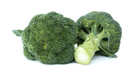 Fresh green broccoli florets and stem isolated on a clean white background
