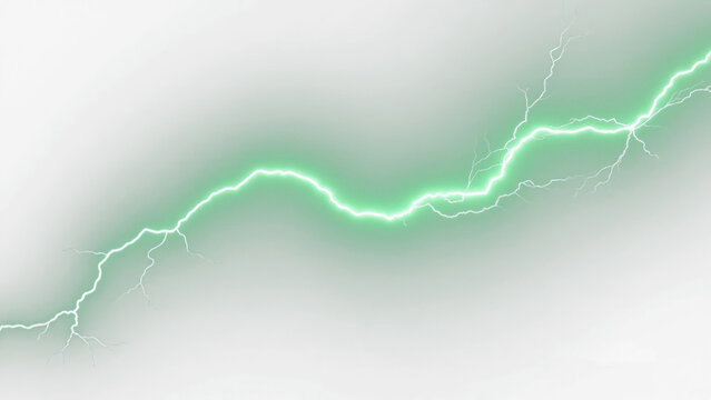 Powerful horizontal neon green lightning bolt with intense electric energy discharge and glowing spark trails isolated on a white or transparent background