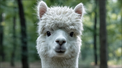 Obraz premium Close-up portrait of a fluffy white alpaca with curious eyes