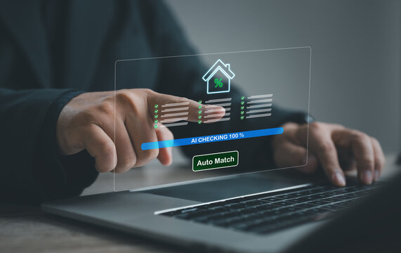 AI-powered real estate verification concept with digital interface and progress indicator, showing automated mortgage checking, property validation, housing finance analysis, and smart financial techn