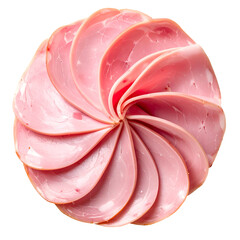 Overhead shot of thin sliced ham arranged in a spiral pattern on a black backdrop