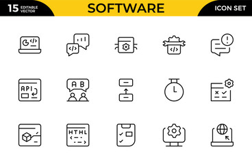 Modern Software Line Icon Set &ndash; Minimalist Professional Linear Icons with Unique Vector Elements for Web, App, UI UX and Digital Toolkits, Editable Stroke, Vector Illustration
