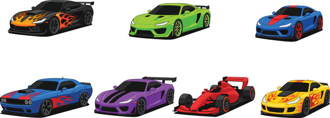Racing cars, sports vehicles, flame decals, colorful designs, muscle cars, Formula 1, car collection, automotive illustration, speed concept, vibrant style, toy cars © Creative Mind