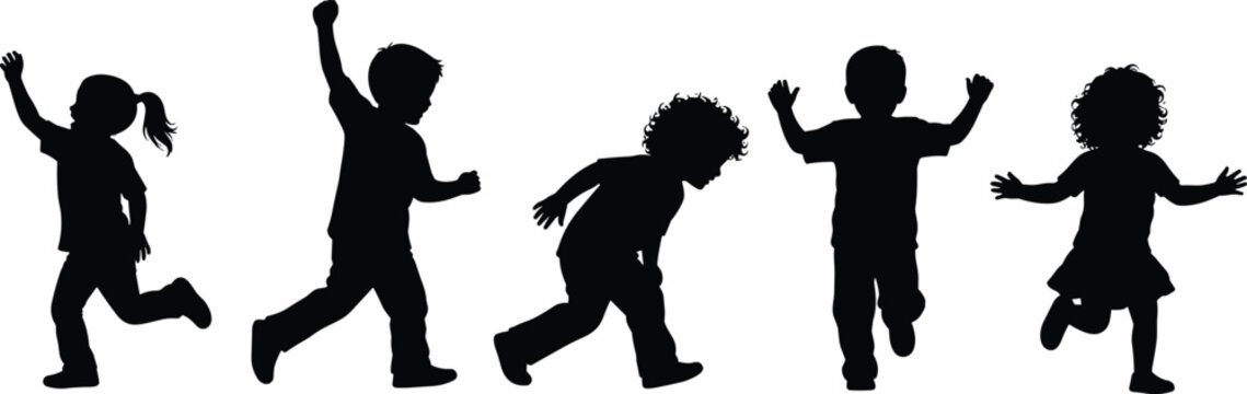 Silhouettes of diverse happy children running and jumping together, active group of kids playing, childhood energy and joy, isolated vector illustration on white.