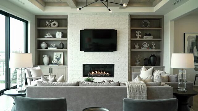 Modern luxury living room with high ceilings, plush grey velvet sectional sofa, marble coffee table, and warm white brick fireplace, bathed in natural light. Aspirational living concept