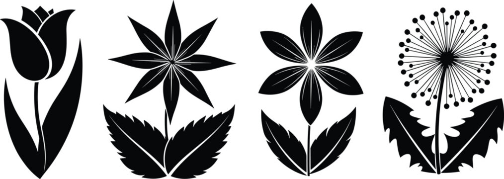 Vector set of black flower silhouettes including tulip, dandelion, and botanical floral icons for spring garden decoration, nature logos, and minimalist design projects.