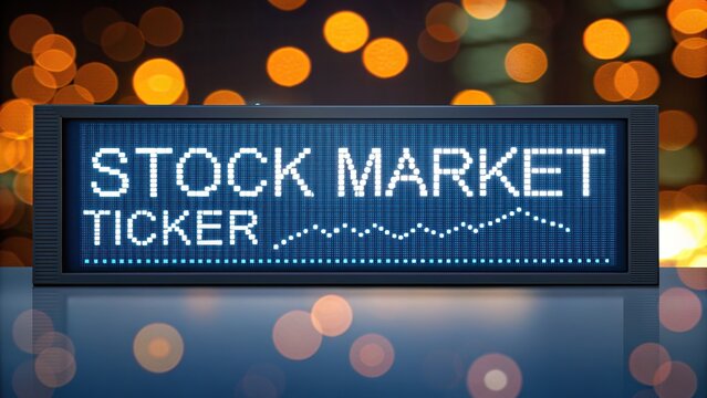 A glowing led stock market ticker displaying real-time financial data and market trends