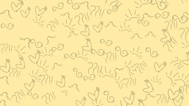 Doodle line art hearts suns clouds whimsical pattern seamless suitable for children's designs, cheerful backgrounds, textile prints, and digital media.