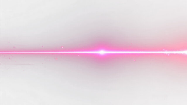 Powerful horizontal pink neon laser beam with a bright central glowing flare and shimmering light particles isolated on a white or transparent background