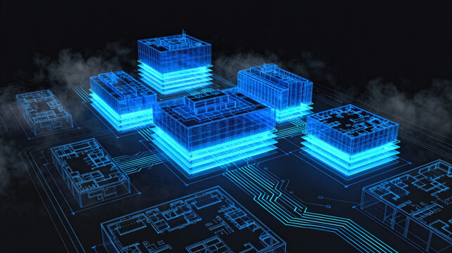 Futuristic Digital Buildings on Circuit Board with Blue Glow