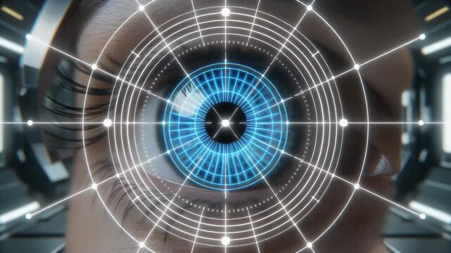 Close-up of human eye with futuristic cybernetic interface and blue iris, in metallic room with neon lights, possibly for tech or sci-fi use