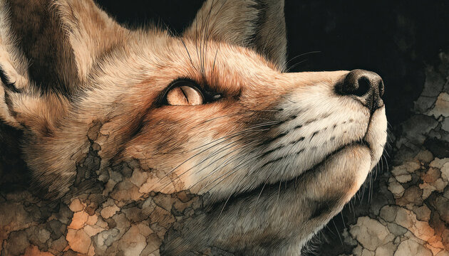 An artistic portrait of a fox, executed in a painting-graphic technique with highly detailed fur and expressive chiaroscuro accents.  
