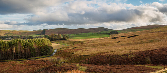 Panorama of Breamish Valley and Ingram, a scenic river valley in Northumberland, England, in the National Park. It&rsquo;s known for its rolling hills, at the foot of the Cheviot Hills