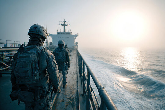 Operation involving oil tanker seized during military action at sea in early morning light