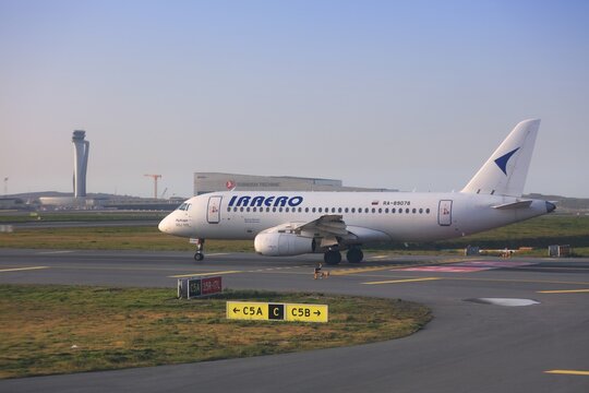 ISTANBUL, TURKEY - MARCH 18, 2024: Yakovlev SJ-100 (Sukhoi Superjet 100) of IrAero Russian airline at Istanbul International Airport in Turkey.